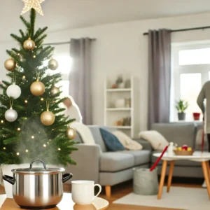 A cozy, clean living room with holiday decor and a family tidying up.