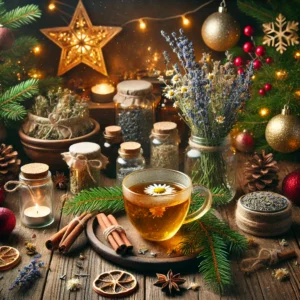 Christmas-themed herbal remedies for stress relief featuring dried chamomile, lavender sprigs, and essential oils on a wooden table. The cozy scene includes pine branches, red berries, ornaments, and a steaming cup of tea illuminated by warm fairy lights.