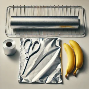 Aluminum foil displayed with scissors, bananas, and a grill grate, showcasing its versatile uses.